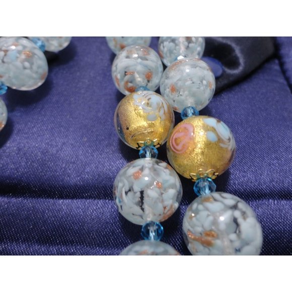 Murano Glass Bead Double Strand Necklace Bracelet Earring Set Blue Gold Stauer - Picture 8 of 11